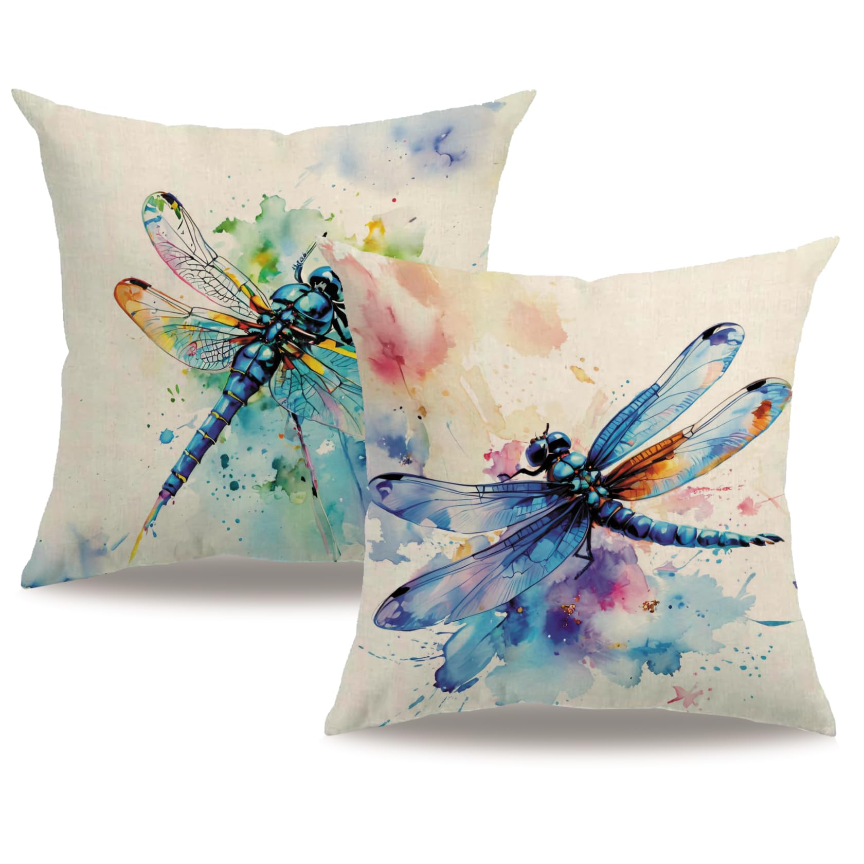 7COLORROOM Dragonfly Pillow Covers 18 X 18 Inch Orange Wildflowers Color Dragonfly Cushion Covers Flower Holiday Rustic Farmhouse Decoration 2Pack for Sofa Bedroom Living Room Outdoor (Blue)