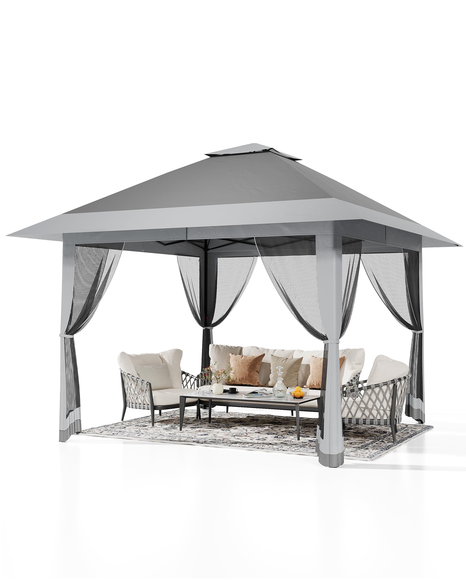 Garvee Gazebo Pop-Up 13x13 Professionale per Esterni - Doppio Tetto Antivento e Impermeabile, Protezione UV, Zanzariera Inclusa, Struttura Robusta per Giardino, Patio, Terrazza, Prato - Colore Grigio