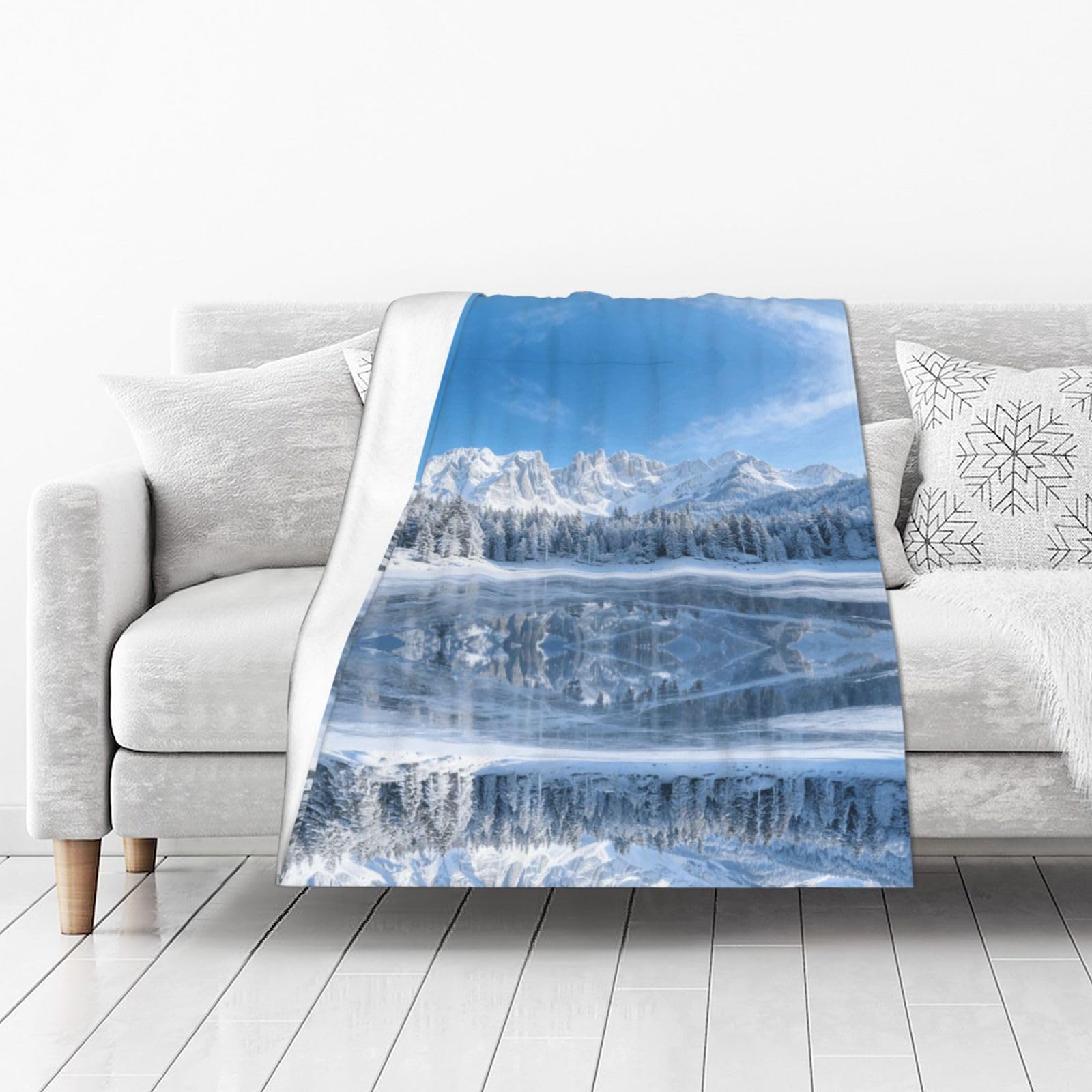 DUYIOKH Frozen Lake & Snow Peaks Print Thick Throw Blanket, Blanket for Couch Bed Warm Travel Blanket for Camping Movie Night