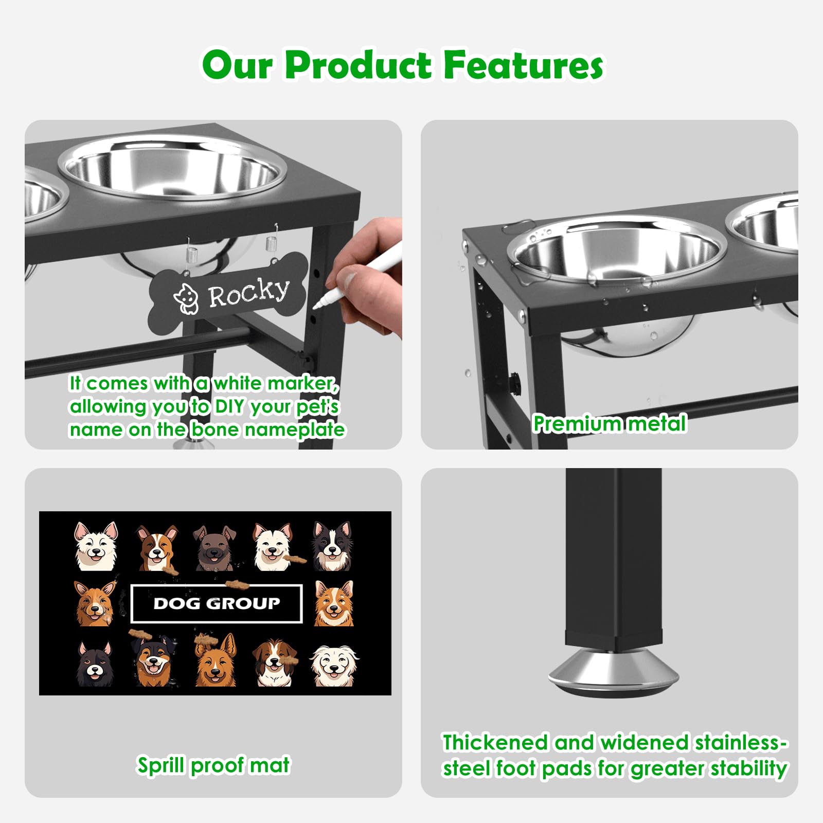 SHAINFUN Soporte elevado para cuencos para perros grandes y perros extragrandes con 3 cuencos de 101 onzas, 4 comederos elevados de altura ajustable con alfombrilla antiderrames, estación de alimentos