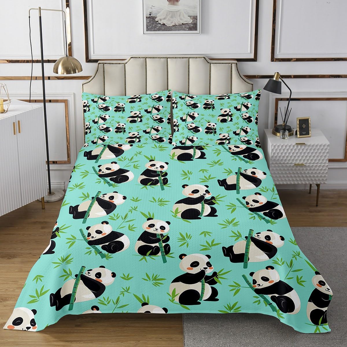 Manfei Cute Panda Bedspread Twin Size,Green Bamboo Leaves Coverlet Set 2pcs,Cartoon Animals Theme Quilted Coverlet with 1 Pillowcase, Kids Boys Room Decor, Soft Bedding Quilt