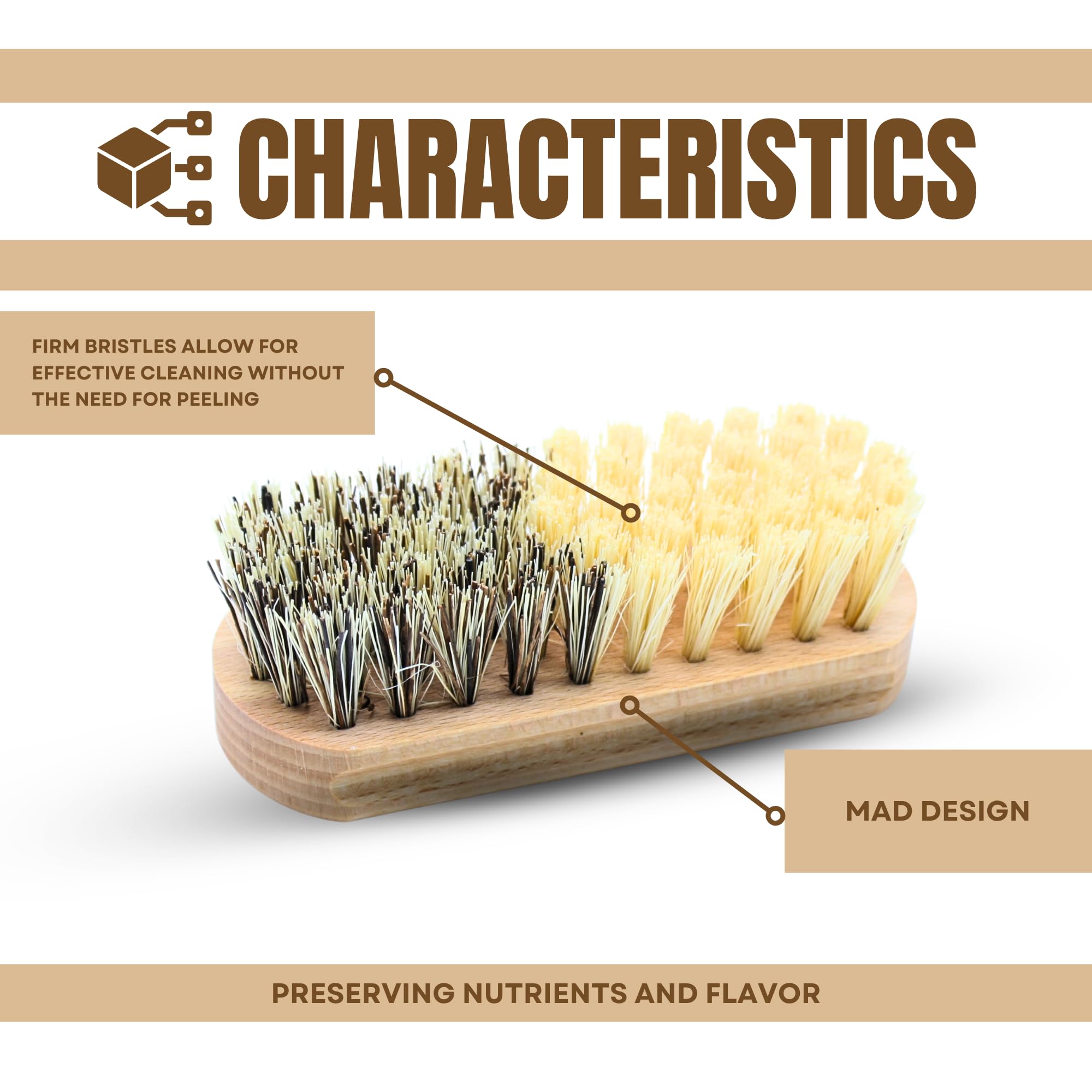 Brosse à légumes en hêtre pour fruits et crudités - Design ergonomique - Brosse de cuisine en bois