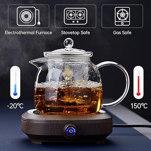 Miniatura 4 de Tetera de vidrio con infusor y tapa de 46 fl oz/45.6 fl oz, hervidor de té de vidrio de borosilicato resistente al calor para tetera de hojas