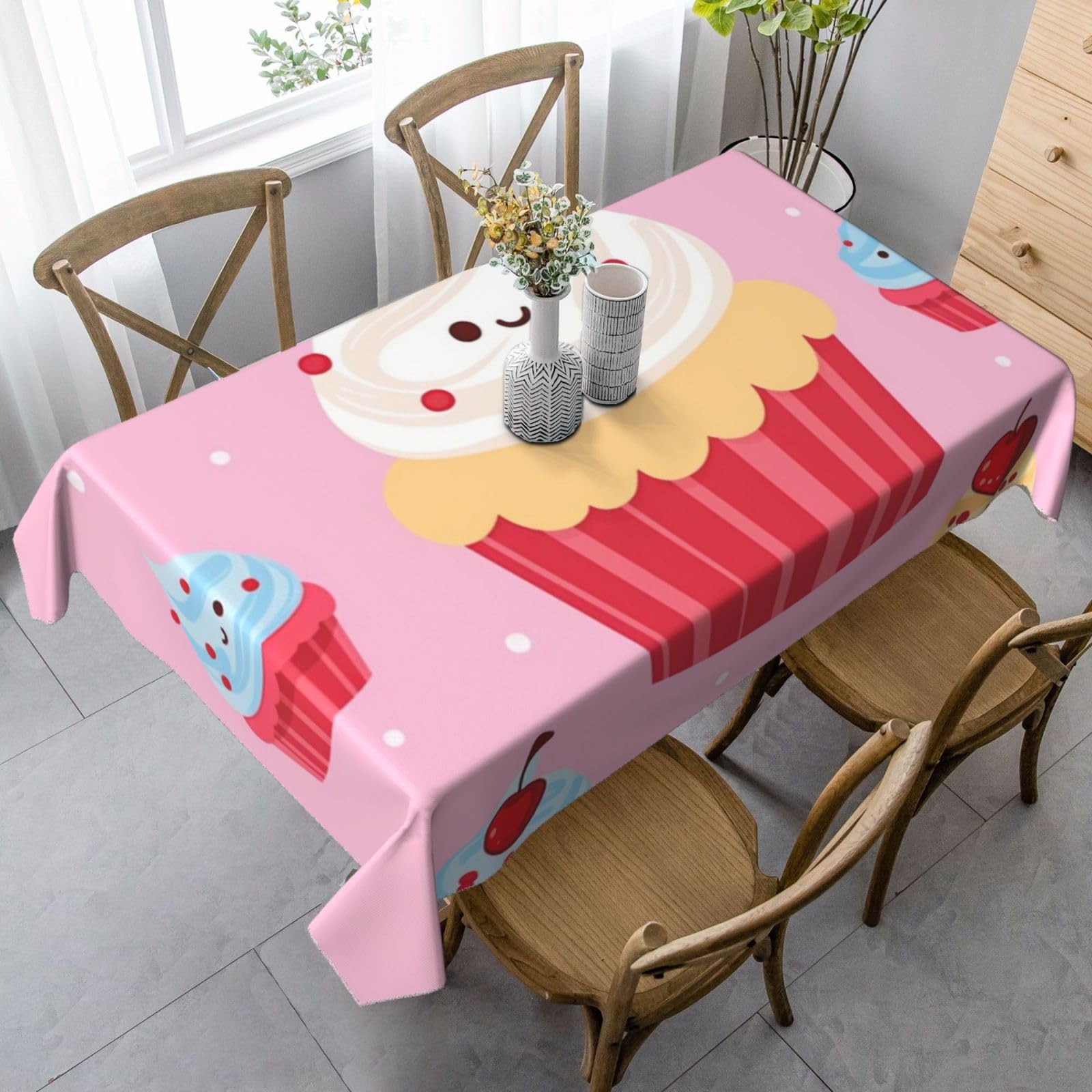 FodPand 35x55 Inch Tablecloth Stain and Wrinkle Resistant Table Cover Rectangular Washable Kitchen Table Cloth for Dinning Room Picnic Patio Party Decor, Cute Cupcake