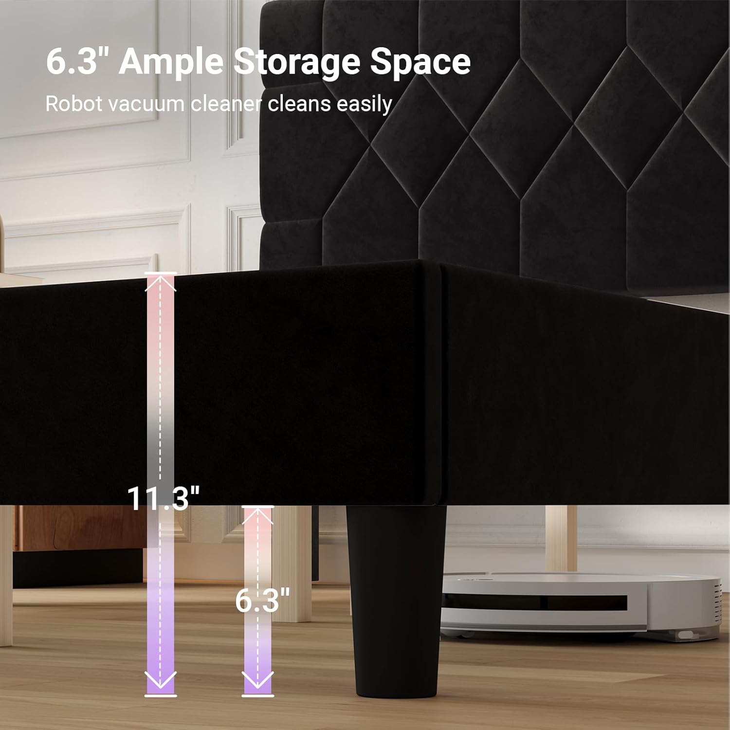 Avenco King Size Bed Frame, Upholstered Platform Bed Frame with 3-Height Adjustable Headboard, Easy Tool-Free Assembly & Under Bed Storage, Black Velvet