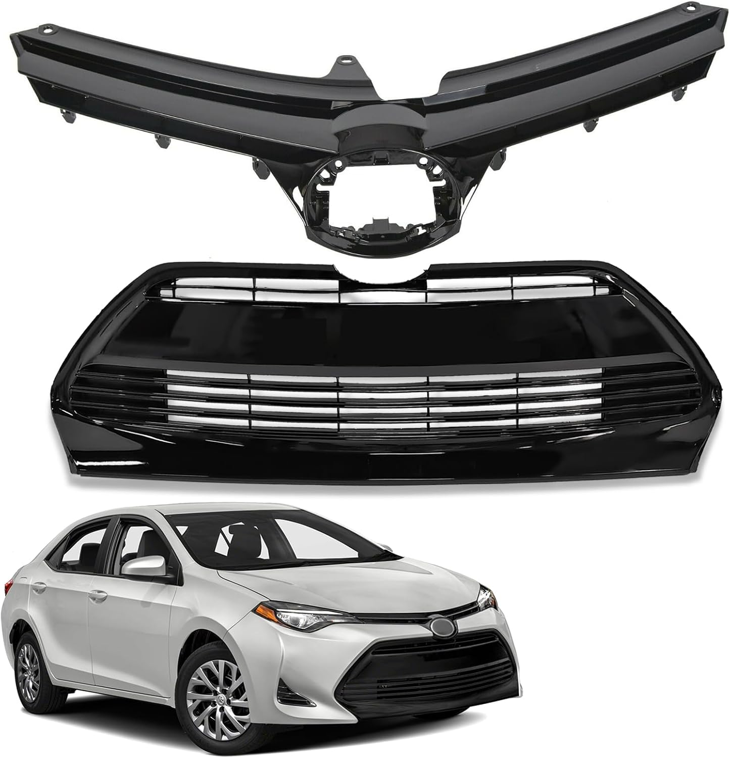 Bewild Front Bumper Upper & Lower Grille Assembly Fit For 2017 2018 2019 Toyota Corolla SE XSE Black Front Cover Air Intake Front Bumper Grill Guard Replacement TO1036178/TO1200423