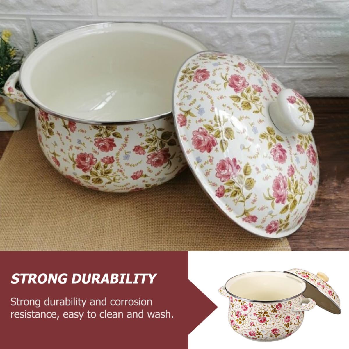 Sosoport Pentola per Zuppa Domestica Smaltata 18 CM a Fondo Piatto Doppio Manico Pentola da Cucina Pratica per Pasta Riso e Brodo Adatta Uso Casalingo