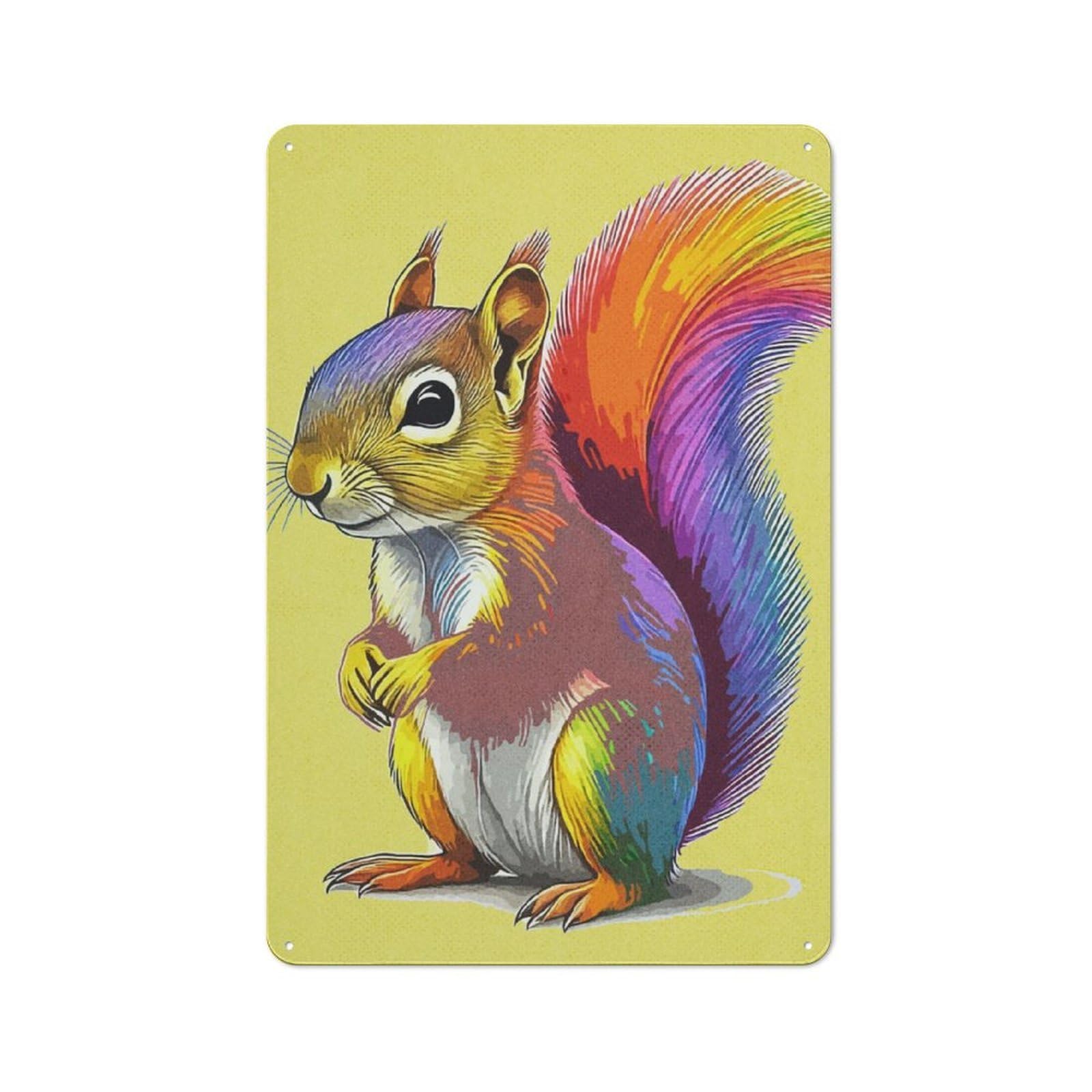 Junmoney Squirrel Colorful Rustic Metal Sign 30X20cm, Barn Style Farmhouse Wall Decor For Kitchen, Cottage, Porch Or Garden Room