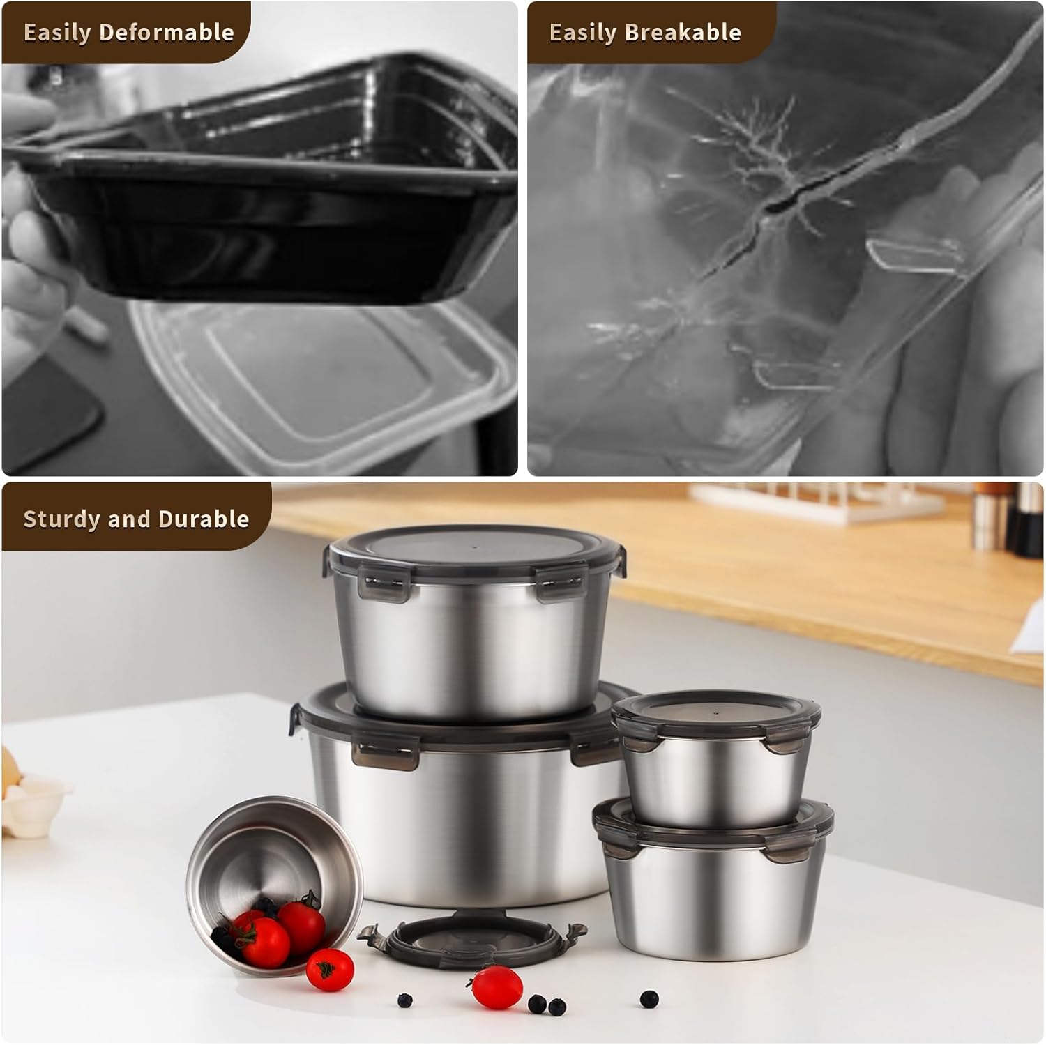 316L Stainless Steel Food Storage Containers with Lids, 20oz 34oz 71oz Airtight Metal Meal Prep Containers,Bento Lunch Box for Kitchen, Picnic & Camping(600 ml / 1000 ml / 2100 ml) - Image 3