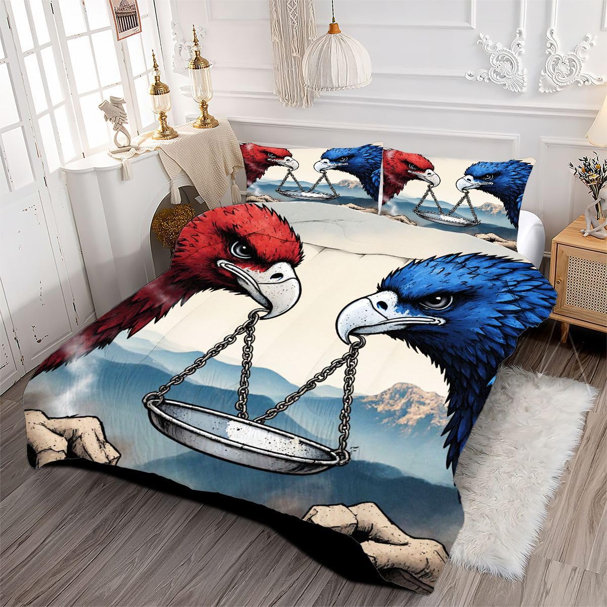 Ensemble Lit Complet 160x200 cm Balance AniméE Et Aigle, Housse en Microfibre Imprimée et Duvet Coton 4 Saisons, Comprend 2 Taies, Excellence et Qualité Supérieure, Chaud et Respirant-A62