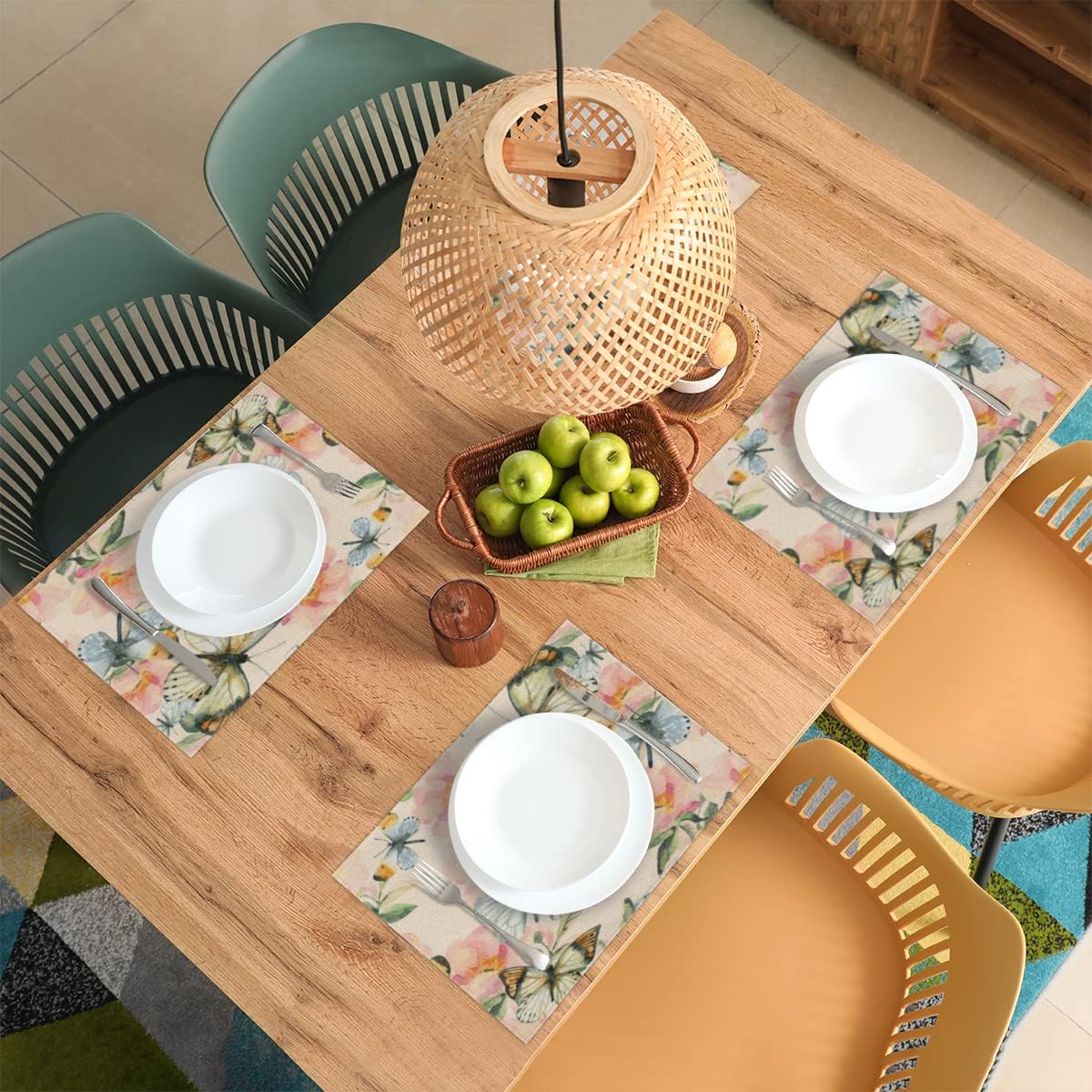 Butterfly Floral Painting Placemats Set of 6 18x12 Inch - Protect Your Table in Style with These Heat-Resistant & Easy-to-Clean Mats
