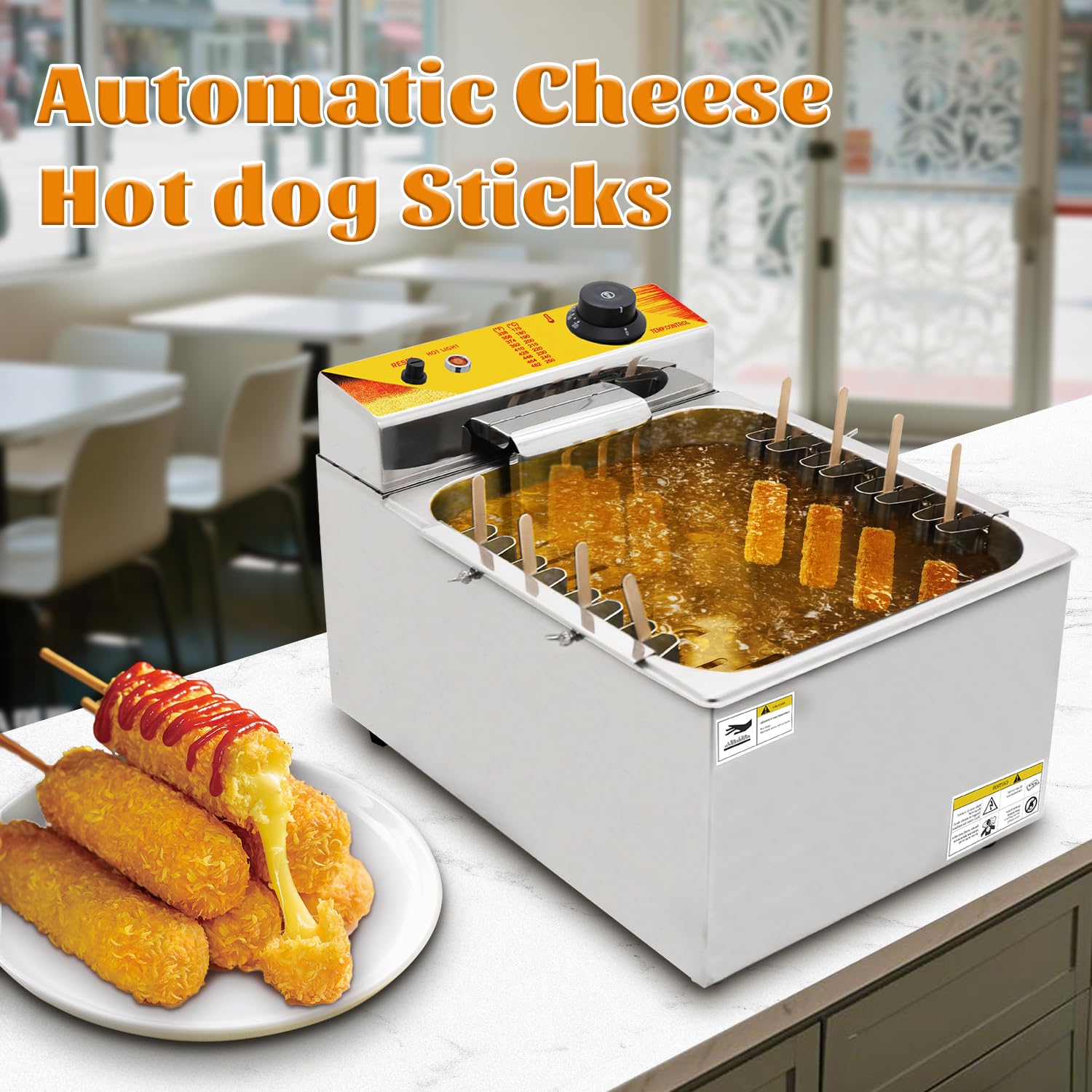 HNZXIB 12L Commercial Corn Dog Fryer - 1900W Electric Deep Fryer with Adjustable Temp 50-250°C, Large Capacity, Stainless Steel, Oil Drain, for Cheese Hot Dogs & Snacks