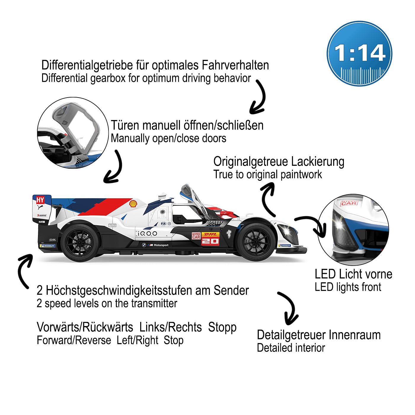 JAMARA 402210 BMW M Hybrid V8 LMDH 1:14 2,4 GHz – zdalnie sterowany samochód, samochód RC, dziecięcy zabawkowy samochód z pilotem zdalnego sterowania, model samochodu, prezent dla dzieci, wierne