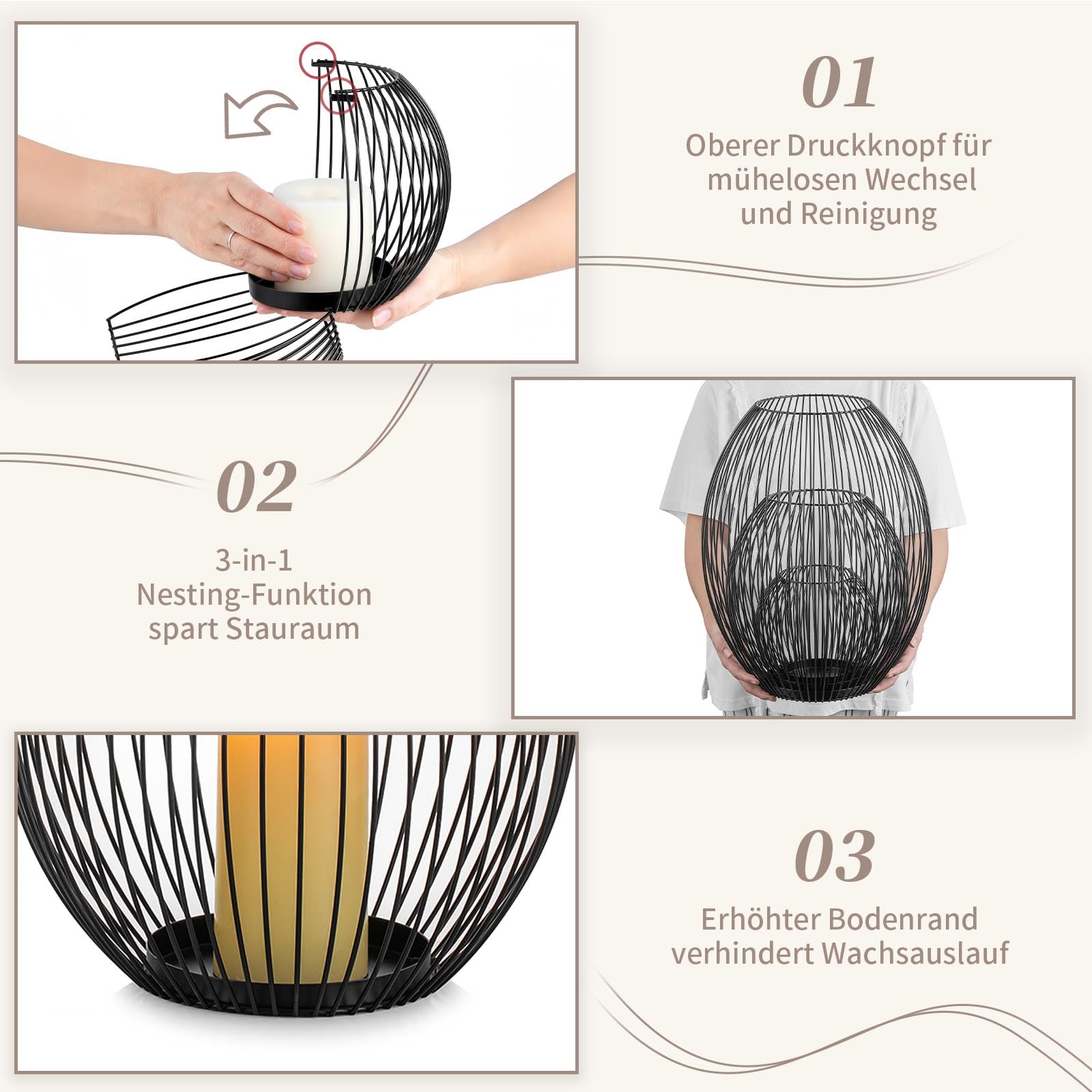 Sziqiqi Windlicht Groß Schwarz Metall: 45/30/15 cm Kerzenhalter Laternen Boden für Stumpenkerzen - Kerzenständer Modern Hoch 3er Set für Home Deko Wohnzimmer Balkon Badezimmer Weihnachten