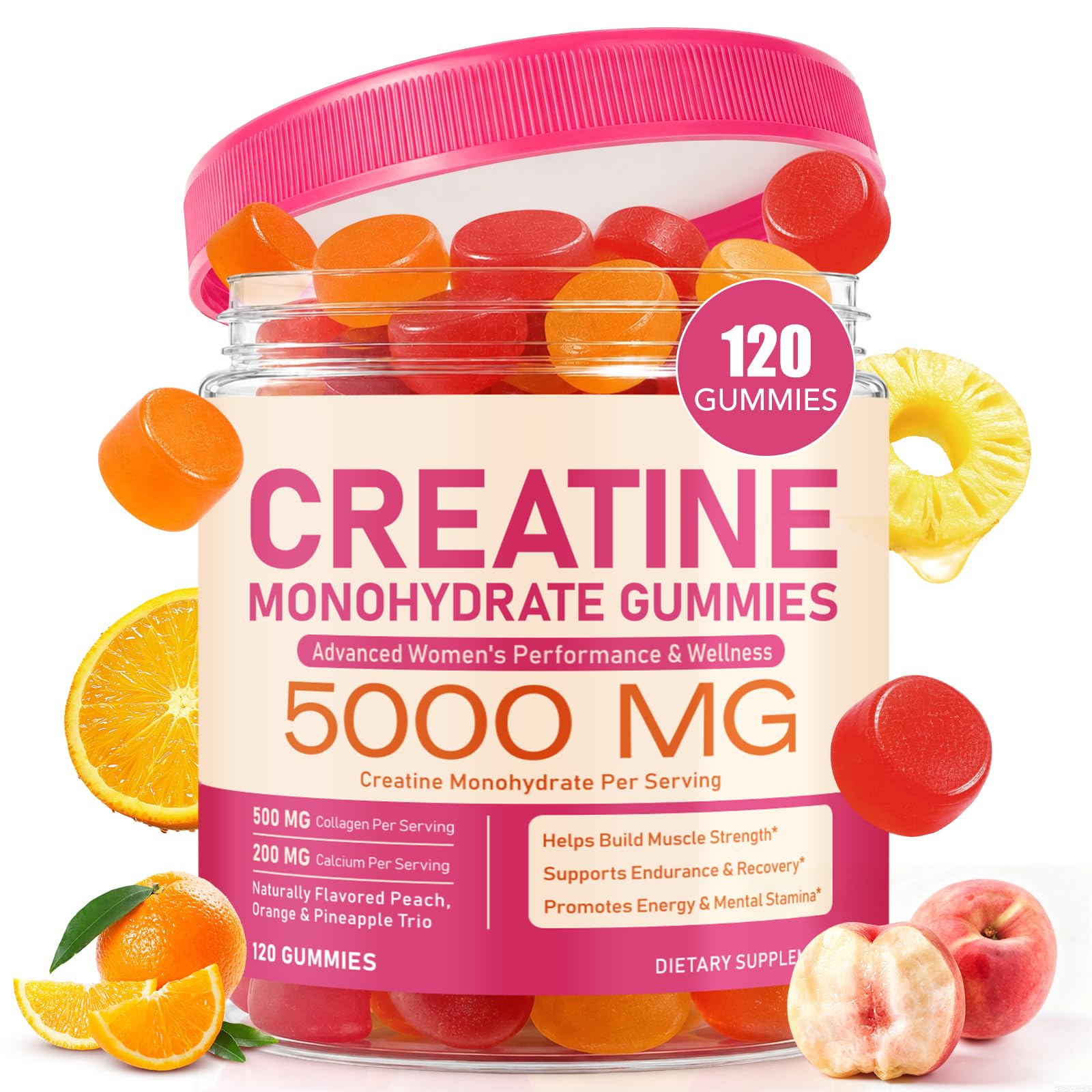 Creatine Monohydrate Gummies 5000MG with L-Taurine, BCAA, B12/6, 120 Count 1 bottle