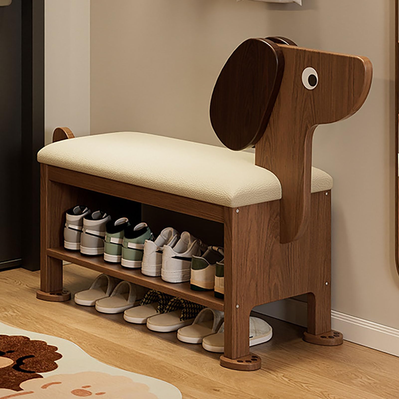 Banc de rangement meuble chaussure entrée en bois massif avec étagère double niveau