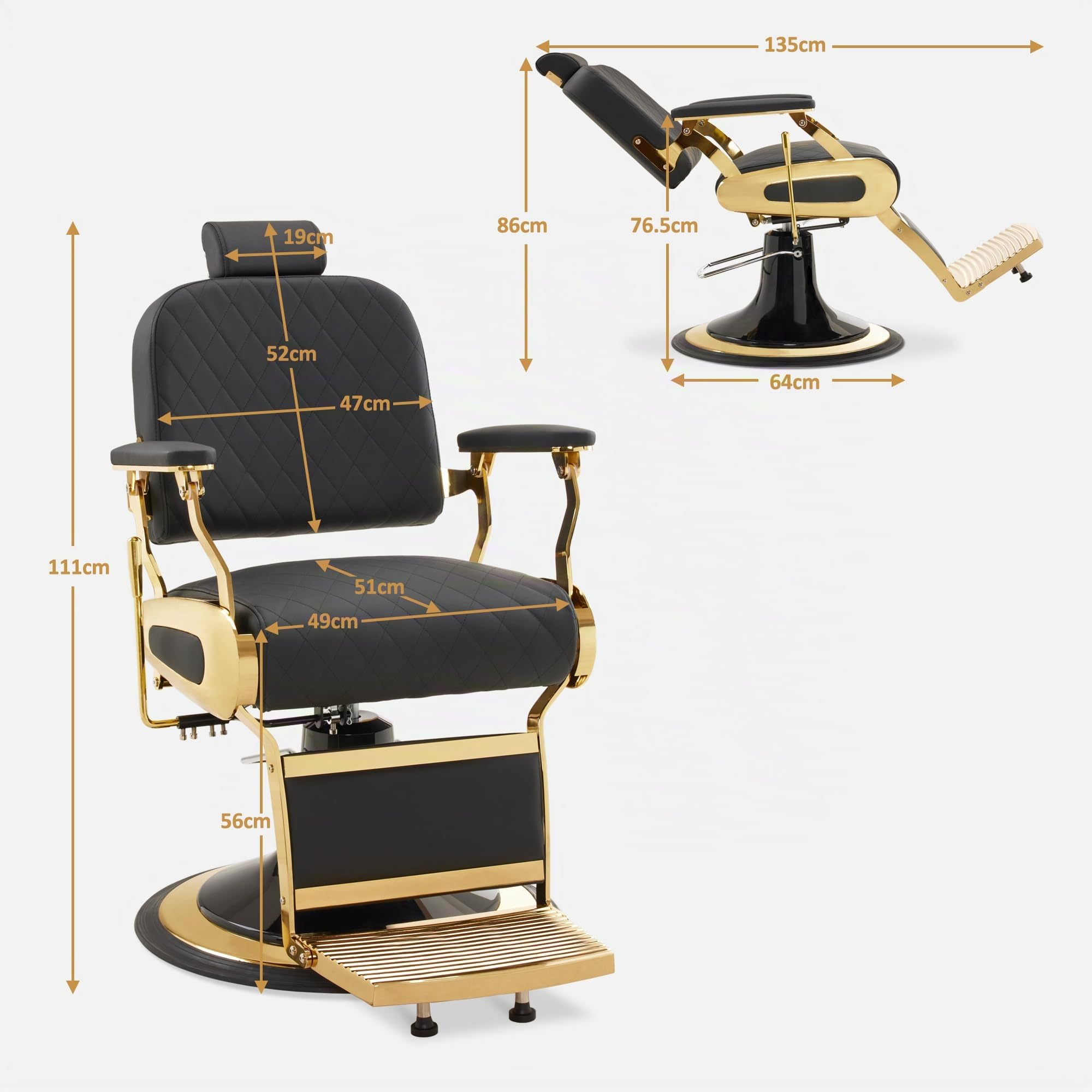 Barberpub Friseurstuhl mit Kopfstütze Kippbar, Friseureinrichtung mit Hydraulikpumpe 360° Drehbar, Bedienungsstuhl Höhenverstellbar, Barber Stuhl Friseurstühle Kunstleder, 3855BK (Gold-Schwarz)