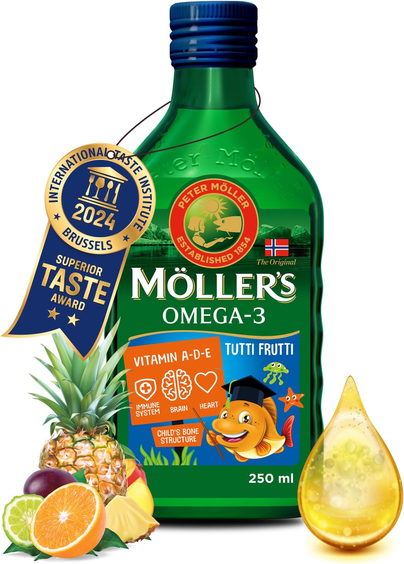 Moller’s ® | Omega 3 for kids Cod Liver Oil | Nordic Omega-3 Dietary Supplements with EPA, DHA, Vitamin A, D & E | Pure, Natural cod Liver Oil Liquid | 166-year-old-brand | Tutti Frutti Taste | 250 ml