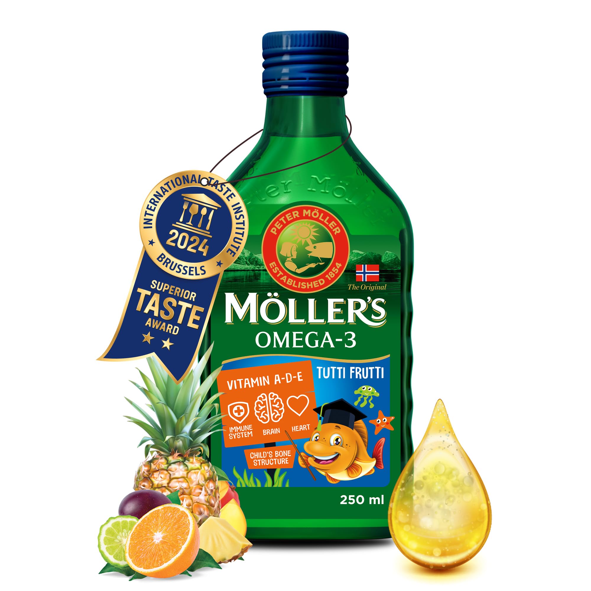 Möller's Omega 3 Lebertran | Nordic omega 3 kinder Nahrungsergänzung mit EPA, DHA, Vitamin A, D und E | Hochreiner natürlicher Lebertran | 165 Jahre alte Marke | Tutti Frutti | 250 ML