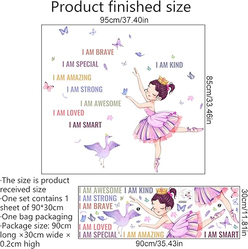 Miniatura 5 de Preciosa calcomanía de pared para niña de ballet, calcomanías de pared de princesa con texto positivo diciendo que eres hermosa niña, decoración de