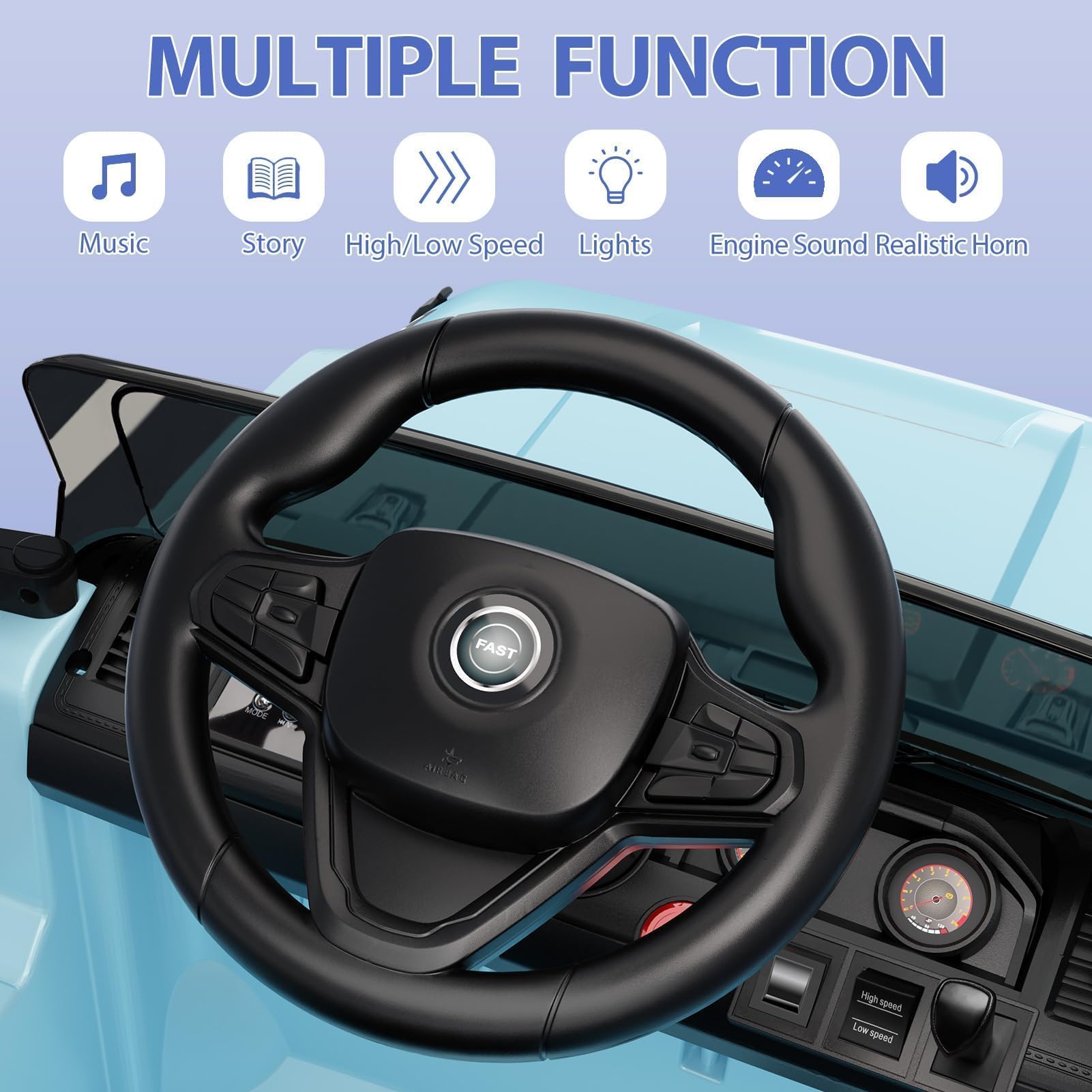GarveeTech 12V Kinder Elektroauto mit 2x35W Motoren – Fernbedienung, Musikplayer, LED-Scheinwerfer, Hupe, Federung, Sicherheitsgurt, Türen – Elektrofahrzeug für Jungen – Blau
