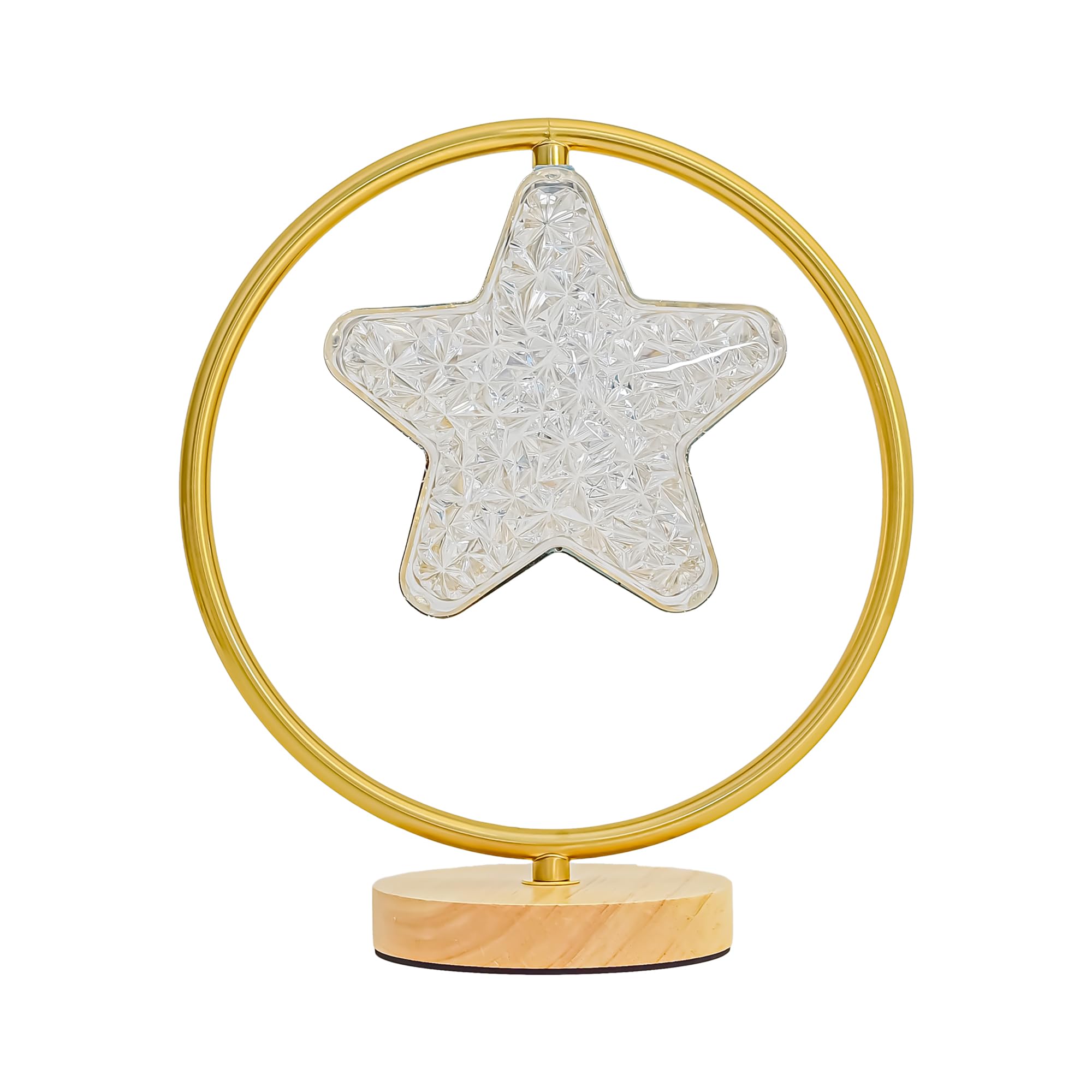 Kuber Industries Dimmable Bedroom Lamp for Side Table | Office & Desk Table Lamp for Living Room and Home with Acrylic Shade, Metal & Wooden Base | Natural Wooden Brown-Star-WH-T0013-1 1