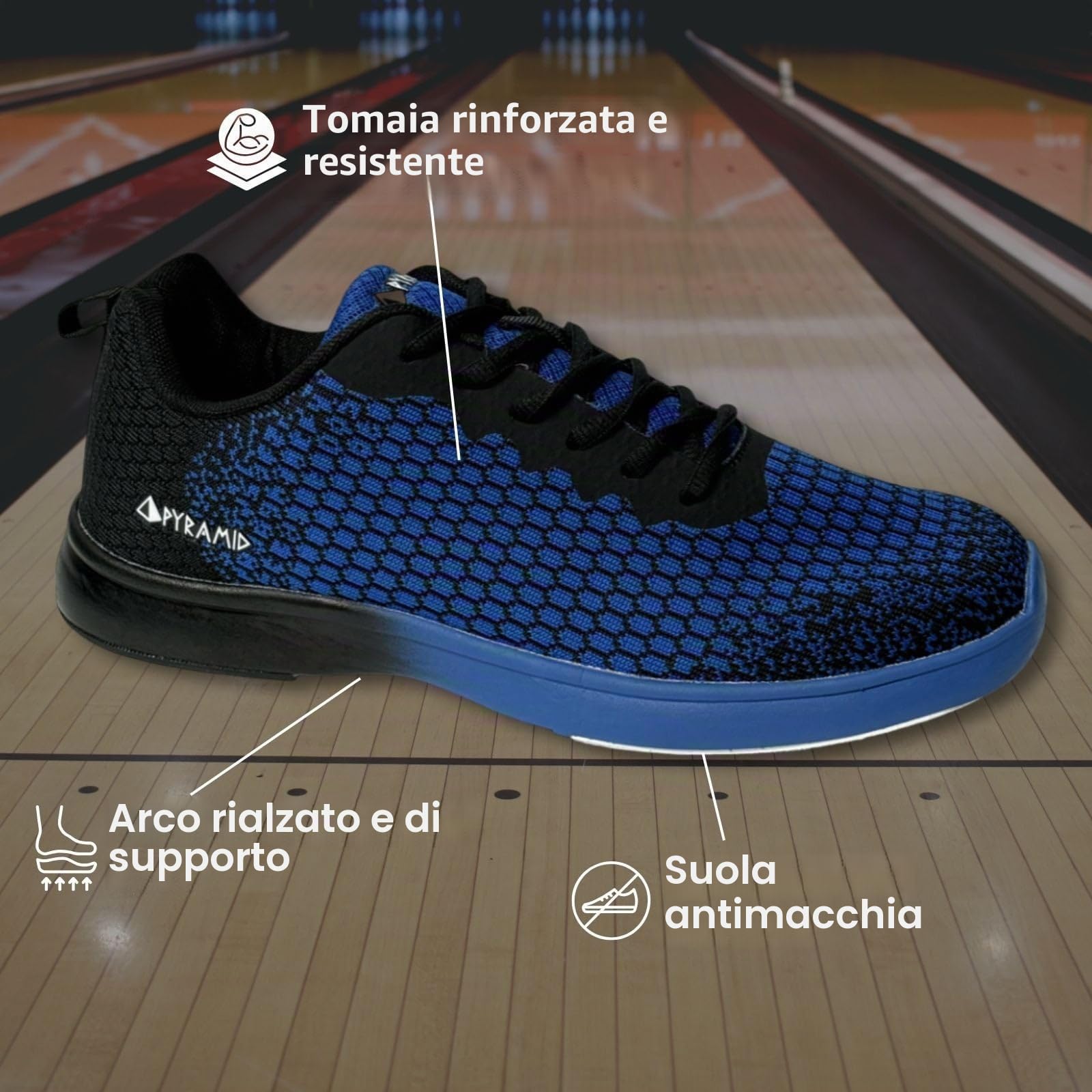 Pyramid Path Lite Scarpe da bowling da uomo in rete, design leggero senza cuciture, calzata atletica, tomaia in rete traspirante, suola universale per scivolare facilmente, Nero/Blu Savoia, 44 EU