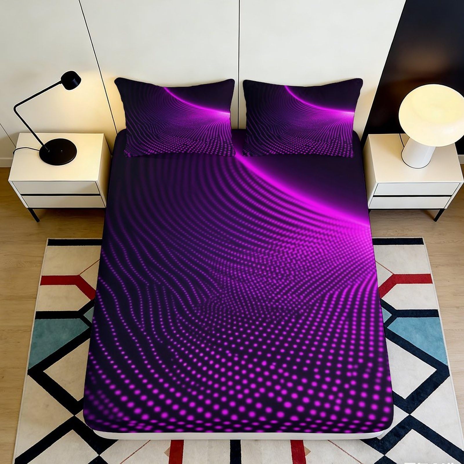3D Printed Purple Geometric Fitted Sheet Microfiber Modern Abstract Mattress Cover for Bedroom Dorm Easy Care Decor 90x200x25cm