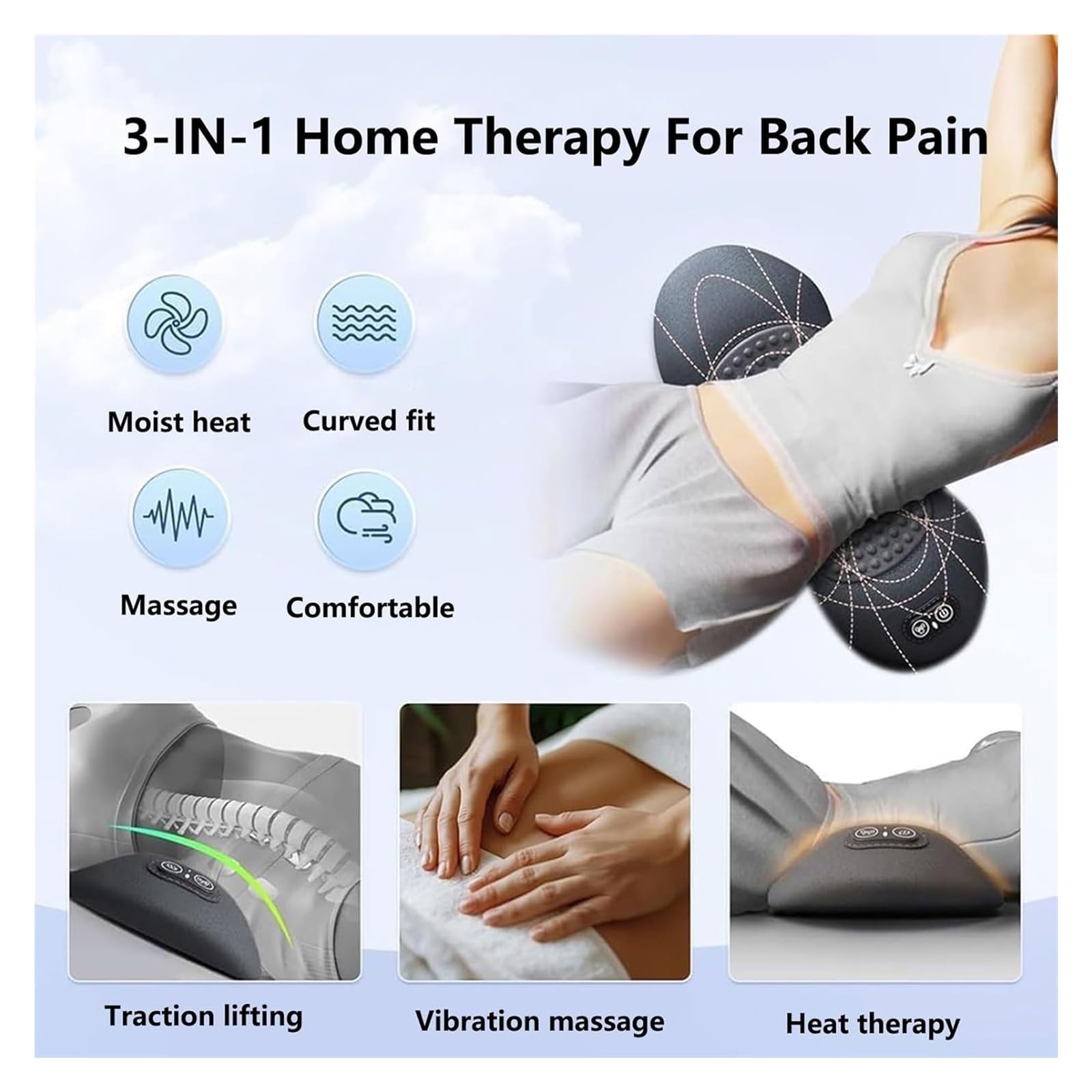 Triple Fusion Rückenmassagegerät for Stuhl Und Bett, 3-In-1-heiz- Und Vibrationsmassagegerät for Ischias, Traktionsgerät Zur Linderung von Schmerzen Im Unteren Rücken(Black)