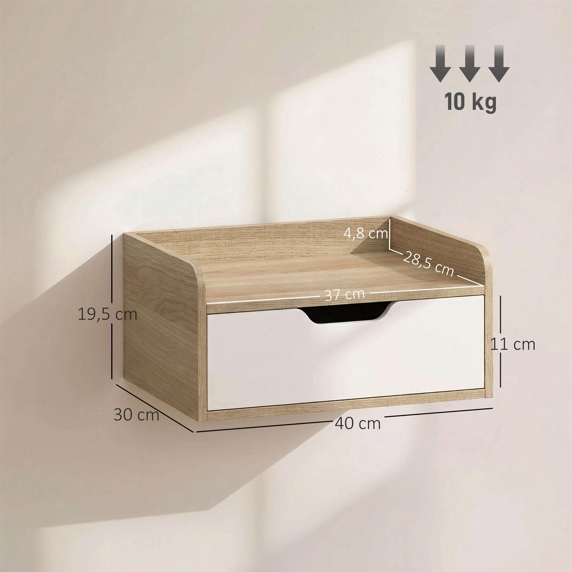 HOMCOM Lot de 2 Tables de Chevet murales, Tables de Nuit suspendues avec tiroir et Plateau à rebords surélevés, Style Moderne, pour Chambre à Coucher, Salon, 40 x 30 x 19,5 cm, Blanc et Bois Naturel