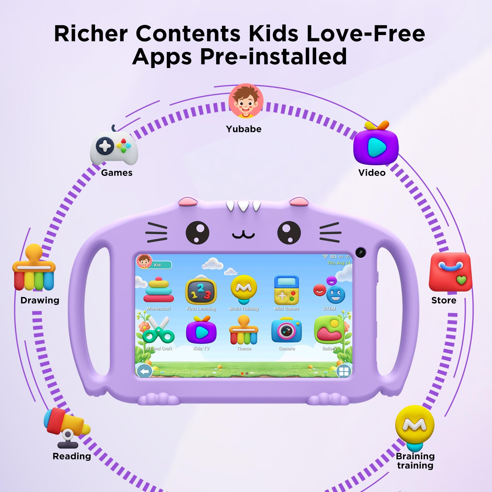 Ascrecem Tablet dla dzieci 7 cali, tablet dotykowy dla dzieci z WiFi, 2 GB RAM, 32 GB ROM, Android, tablet edukacyjny z kontrolą rodzicielską, gry edukacyjne, odporne na wstrząsy, 3-14 lat (Fioletowy