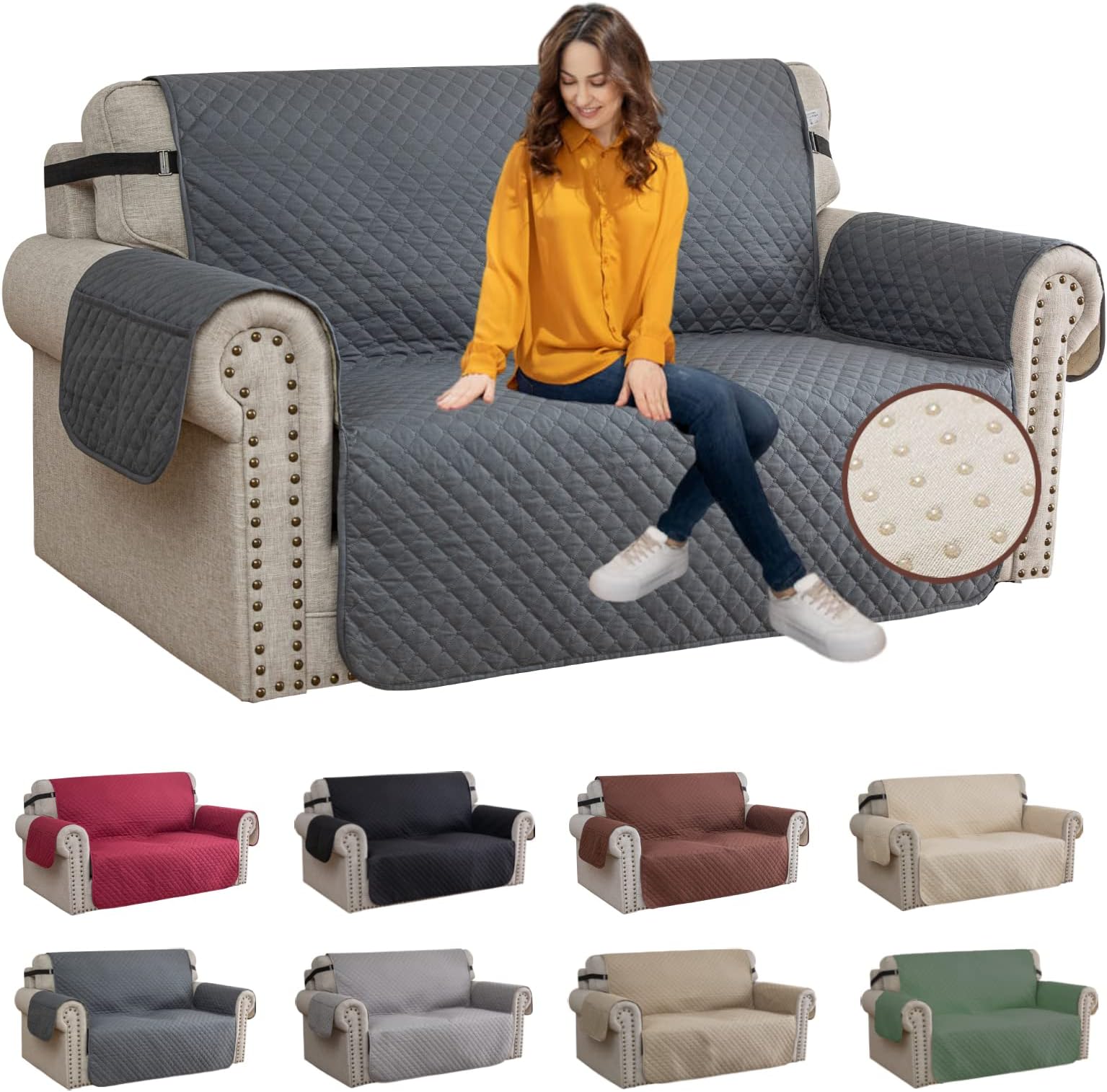 Loveseat Sofa Cover Waterproof Couch Covers for 2 Cushion Couch, Soft Washable Slipcover with Pockets & Non-Slip Elastic Straps, Thick Furniture Protector (Loveseat, Dark Grey)