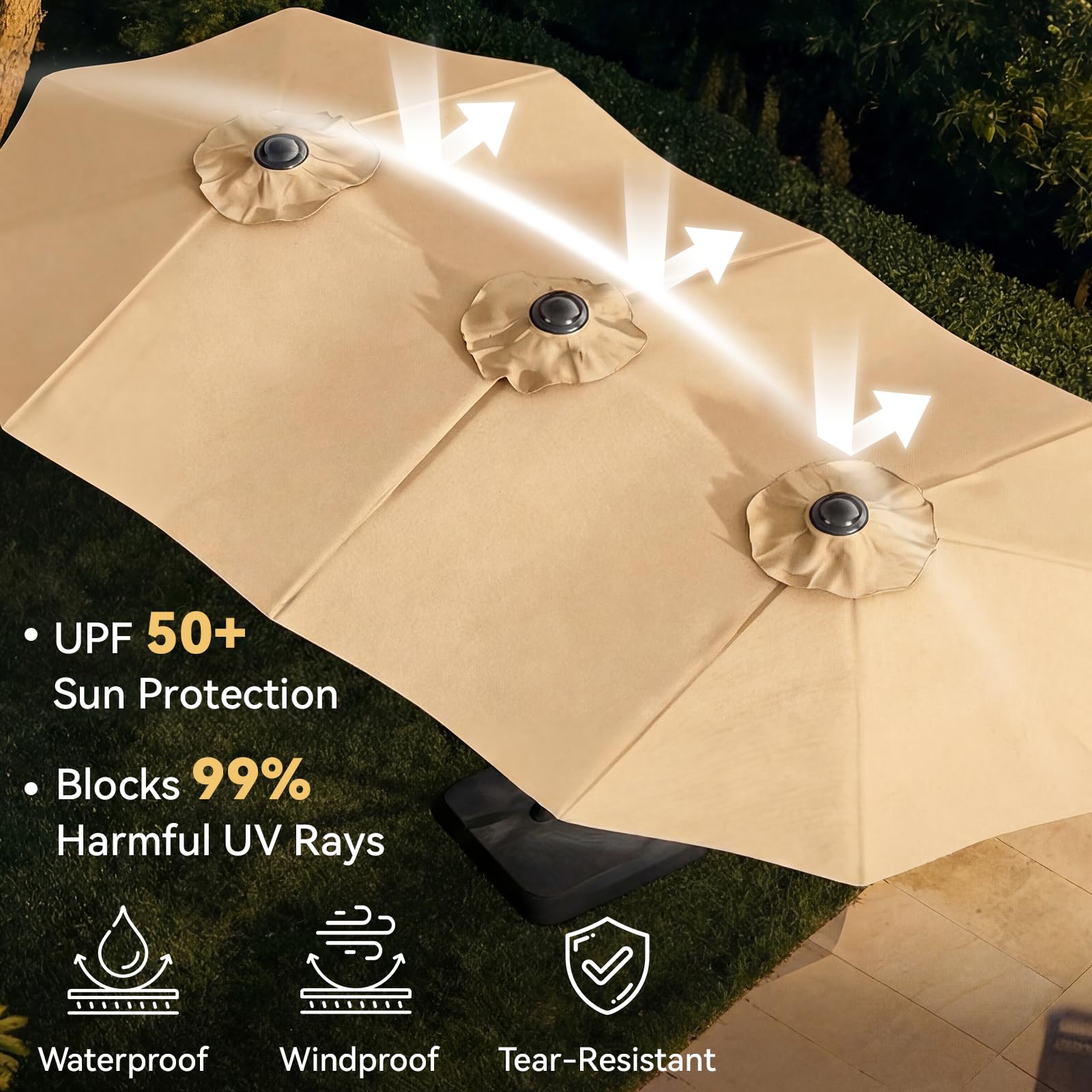 Aoxun Sonnenschirm Mit Basis 455x267 cm UV Schutz Schutzhülle Kurbel Stabil Groß Garten Terrasse Balkon Doppelter Marktschirm Gartenschirm, Parasol Windfest, cremefarben