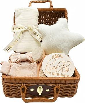 7-Piece New Baby Gifts, Baby Boy Girl Persent, Baby Shower New Mum Gifts, 8 in 1 Set - with Blanket, Babys Hairband, Babys Brush, Socks, Milestone Card Beige