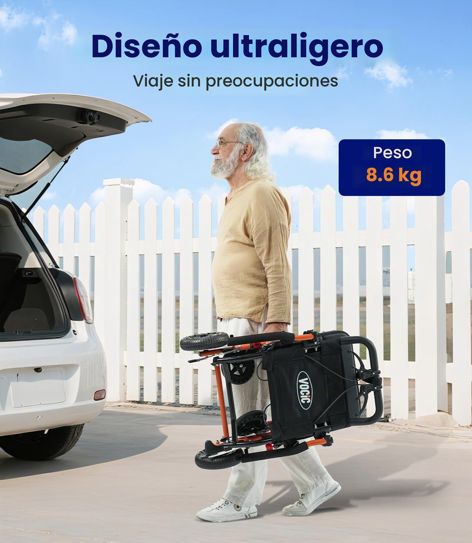 VOCIC U41 Silla de Ruedas Plegable Ultraligera 8.6KG | Silla ruedas transporte viaje en avión,neumáticos panal 20CM todo terreno,aluminio compacta 51CM (Naranja)