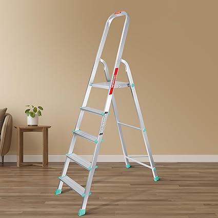Spotzero By Milton 5 Step Foldable Aluminium Ladder for Home Durable Strong Wide Anti Skid Slip Prevention Steps Grey