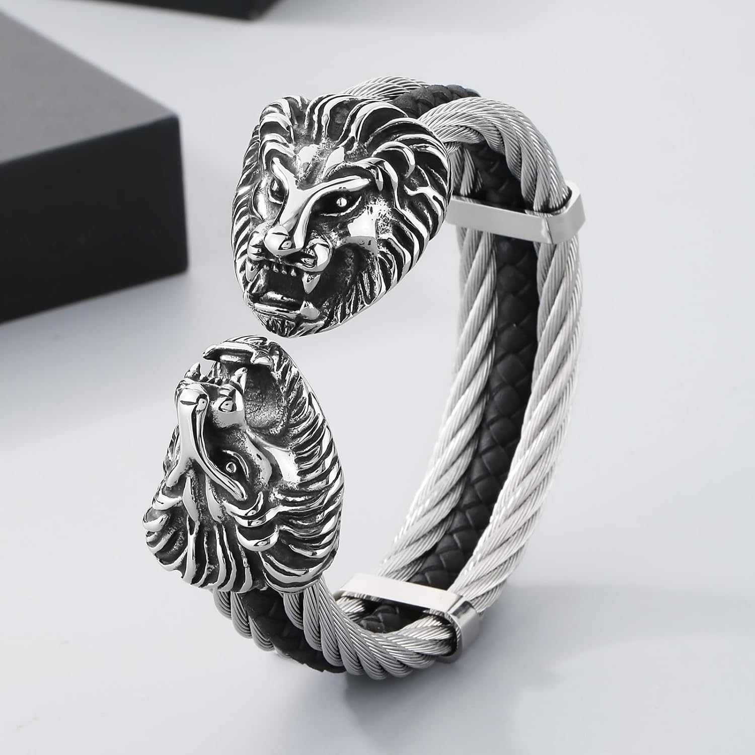 Men's Silver Gold Bracelet Viking Lion Head 316 Stainless Steel Leather Open Cuff Leather and Rope Chain Gothic Vintage Animal Totem Bangle - Image 4