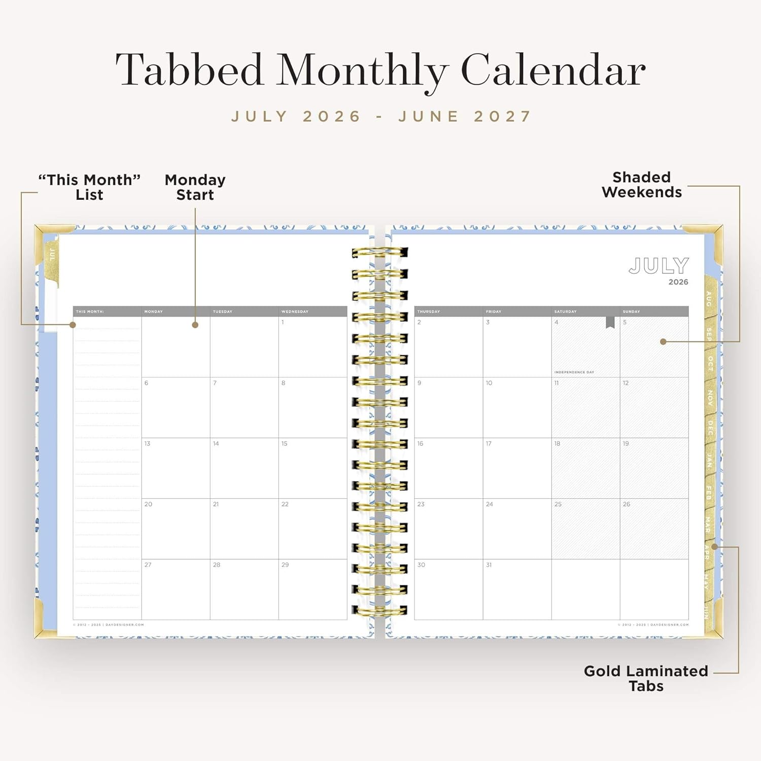 Day Designer 2026-2027 Daily Academic Year Planner Calendar, July 2026 - June 2027, 7.4" x 9.5", Glossy Laminated Cover, Wirebound, Laminated Tabs, Storage Pocket, Includes Stickers & Snap-In Ruler, Casa Bella