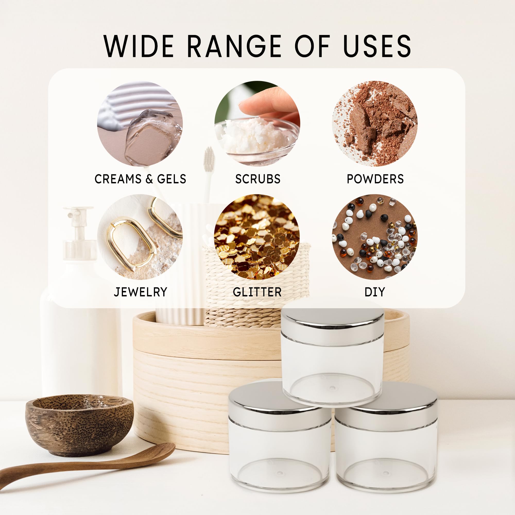 Beauticom 60 g/60 ml Premium okrągłe przezroczyste pojemniki z tworzywa sztucznego do przechowywania w podróży, do makijażu, balsamu, peelingu, kremów, olejków, maści, srebrnych