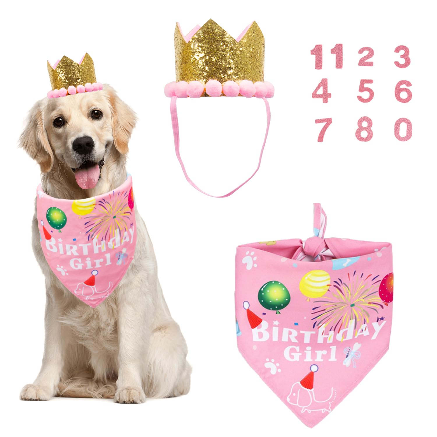 ADOGGYGO Dog Bandana Hat Set for Birthday Party Supply, Boy Girl Pet Birthday Scarf for Medium Large Dog (Large, Pink)