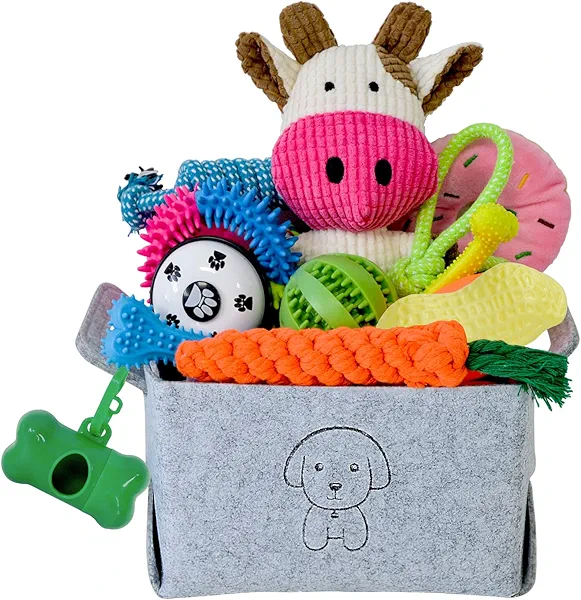 MRSOHRET 20Pcs Puppy Chew Toys for Teething, Dog Chew Toys with Rope Toy, Pet Dog Toothbrush, Treat Balls, Plush Toys and Squeaky Toys for Small Medium Dogs with Basket