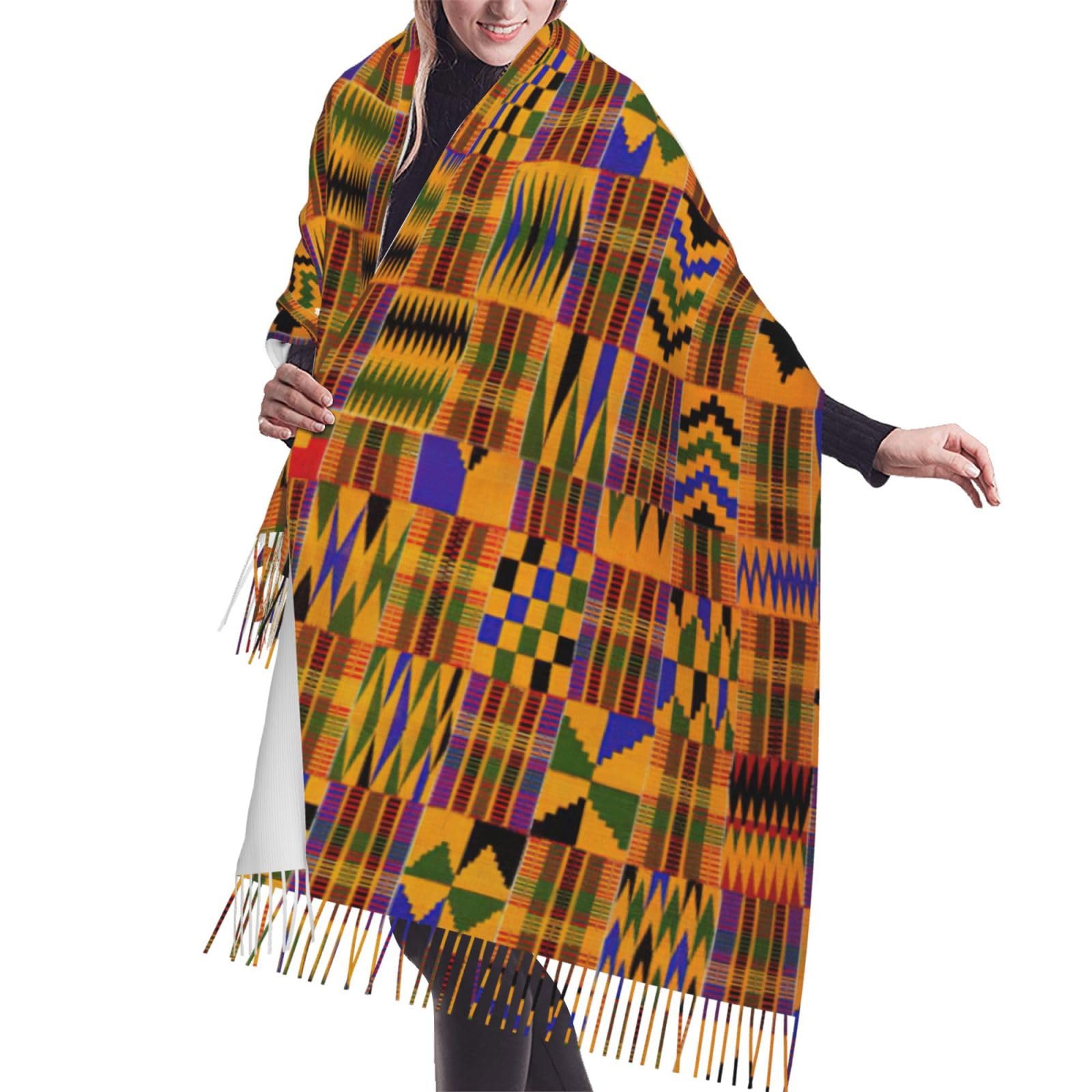 Wurton Women's African Ethnic Pattern Print Classic Shawl Tassel Scarf Long Pile Cashmere Winter Warm Shawl Scarf For One Size