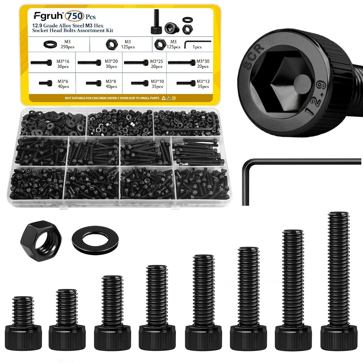 Fgruh 750PCS M3 Screws Assortment Kit, M3x6/8/10/12/16/20/25/30 mm Hex Socket Head Bolts, Nuts & Washers Assorted Set - 12.9 Alloy Steel Black Zinc
