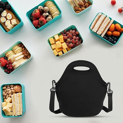 Miniatura 5 de PATIKIL Bolsa de almuerzo aislada, lonchera de neopreno negro, lonchera portátil con correa para el hombro para el trabajo, oficina, picnic, al aire