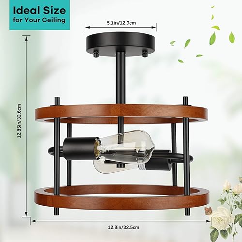Miniatura 6 de Lakumu Lámpara de techo retro semiempotrada de 2 luces, lámpara de techo de madera rústica vintage de metal negro, lámpara de techo industrial de