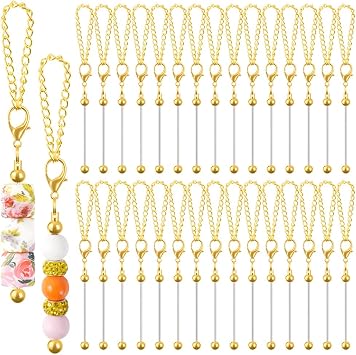 30 PCS Beadable Keychain Bars Bulk, Metal Blank Keychain Bars for Beads, DIY Beaded Key Chain Making Kit for DIY Crafts Jewelry Charms Making Supplies, Gold