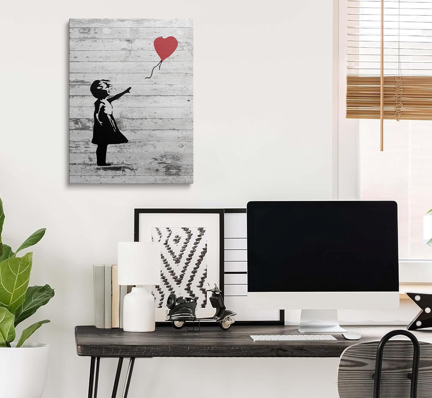 Banksy Canvas Wall Art - Girl With Red Balloon Street Graffiti Wall Art - Grey Framed Wall Art Print Inspirational Picture For Bedroom Living Room Rustic Home Office Wall Decor Ready To Hang (12x16