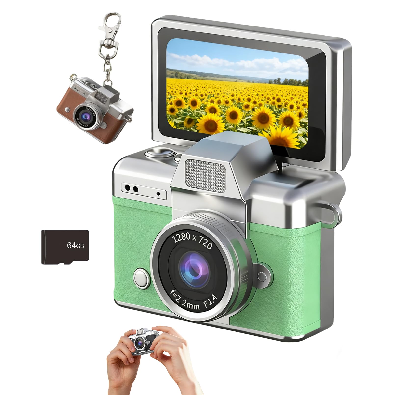 Mini Digital Camera Keychain with 1.47 in LCD Screen 1080P, 2026 New Mini Retro Camera, Retro Ccd Digital Camera with Lanyard, Built-in Flash, Include 64gb Tf Card for Travel Party (Green)-image-31
