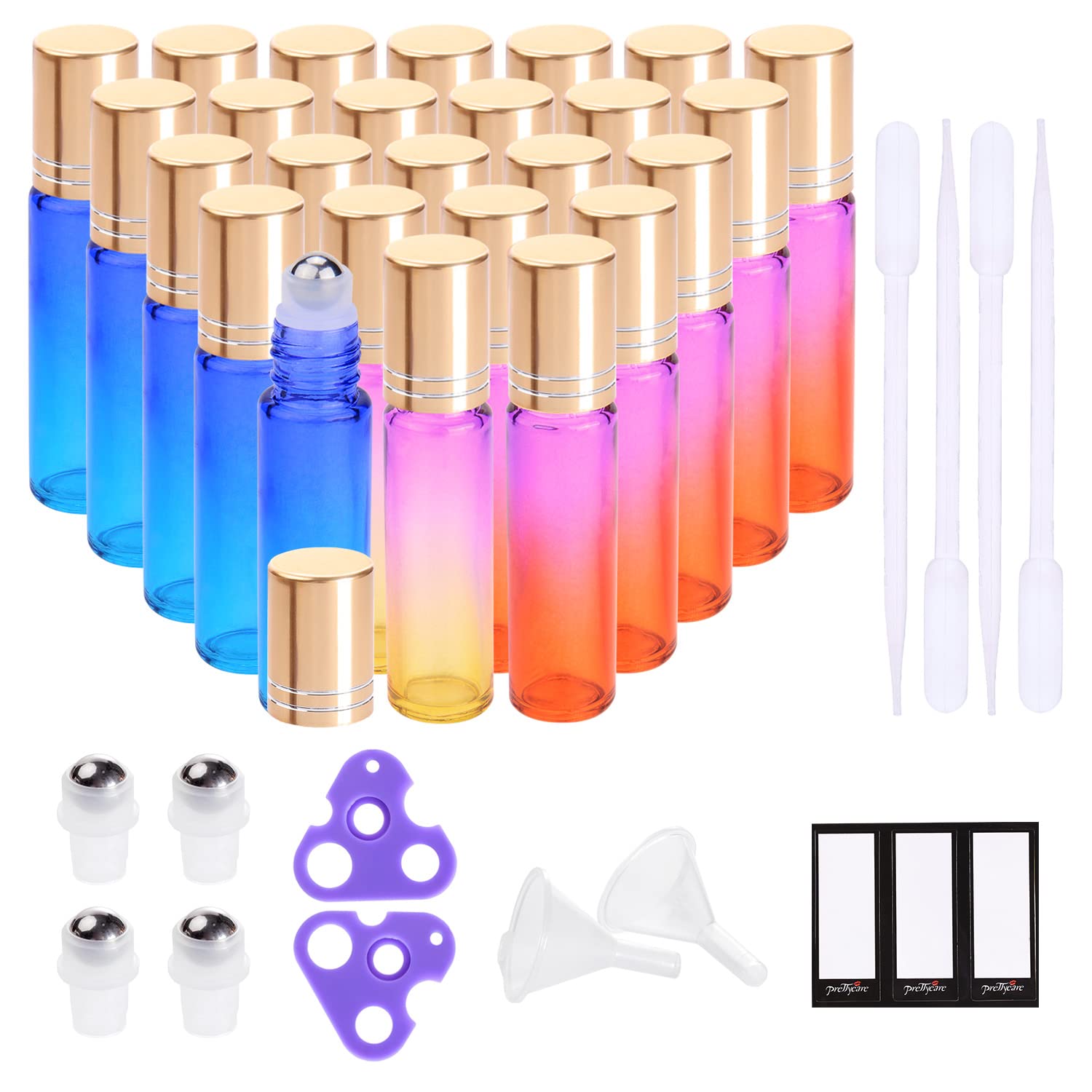 PrettyCare 24 Pack, 10 ml Essential Oil Roller Bottles with Stainless Steel Roller Ball - Refillable Leak-proof Empty Thick Rainbow Glass Roll on Bottles with Metal Caps for Travel, Perfume