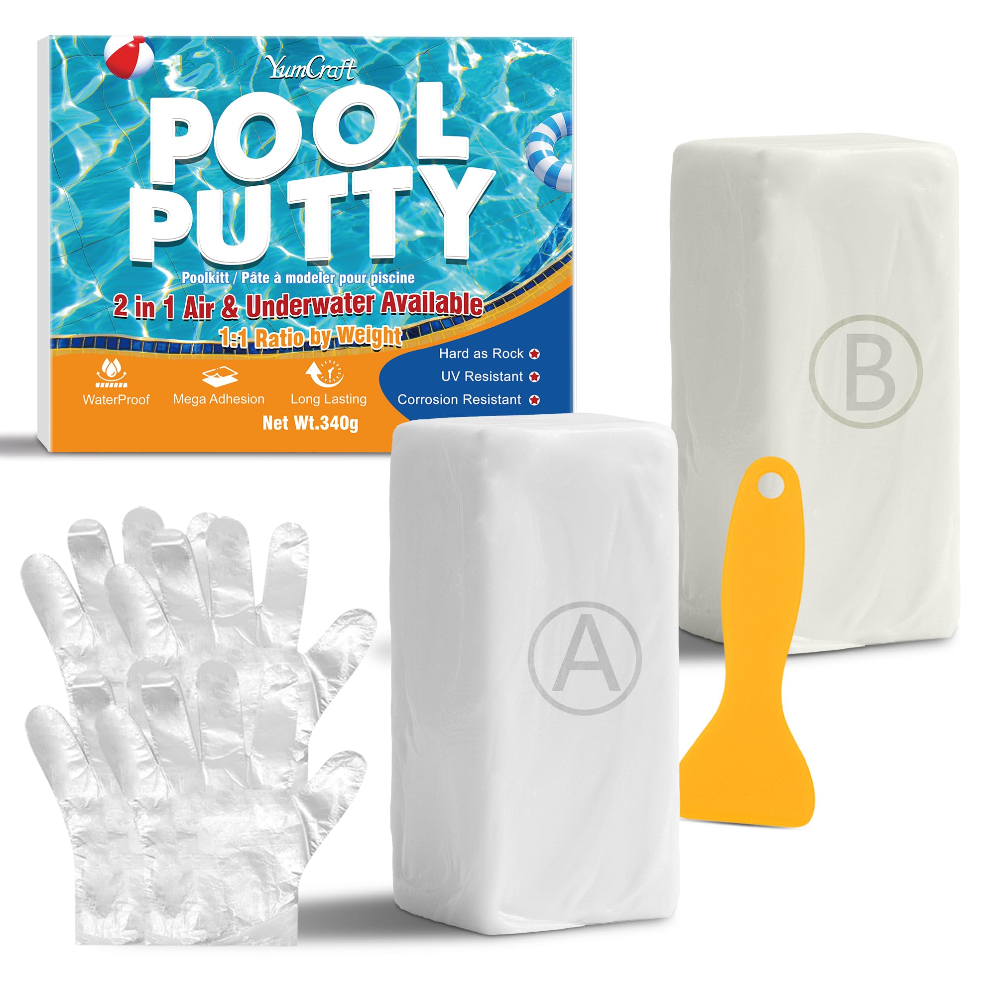 Stucco Epossidico Bianco 340g, Kit Riparazione Piscine Sott’Acqua e Sopra, Stucco 2 Parti per Perdite, Crepe e Sigillatura, Adesivo per Piastrelle, Calcestruzzo, Cemento, Legno, Metallo, Ceramica